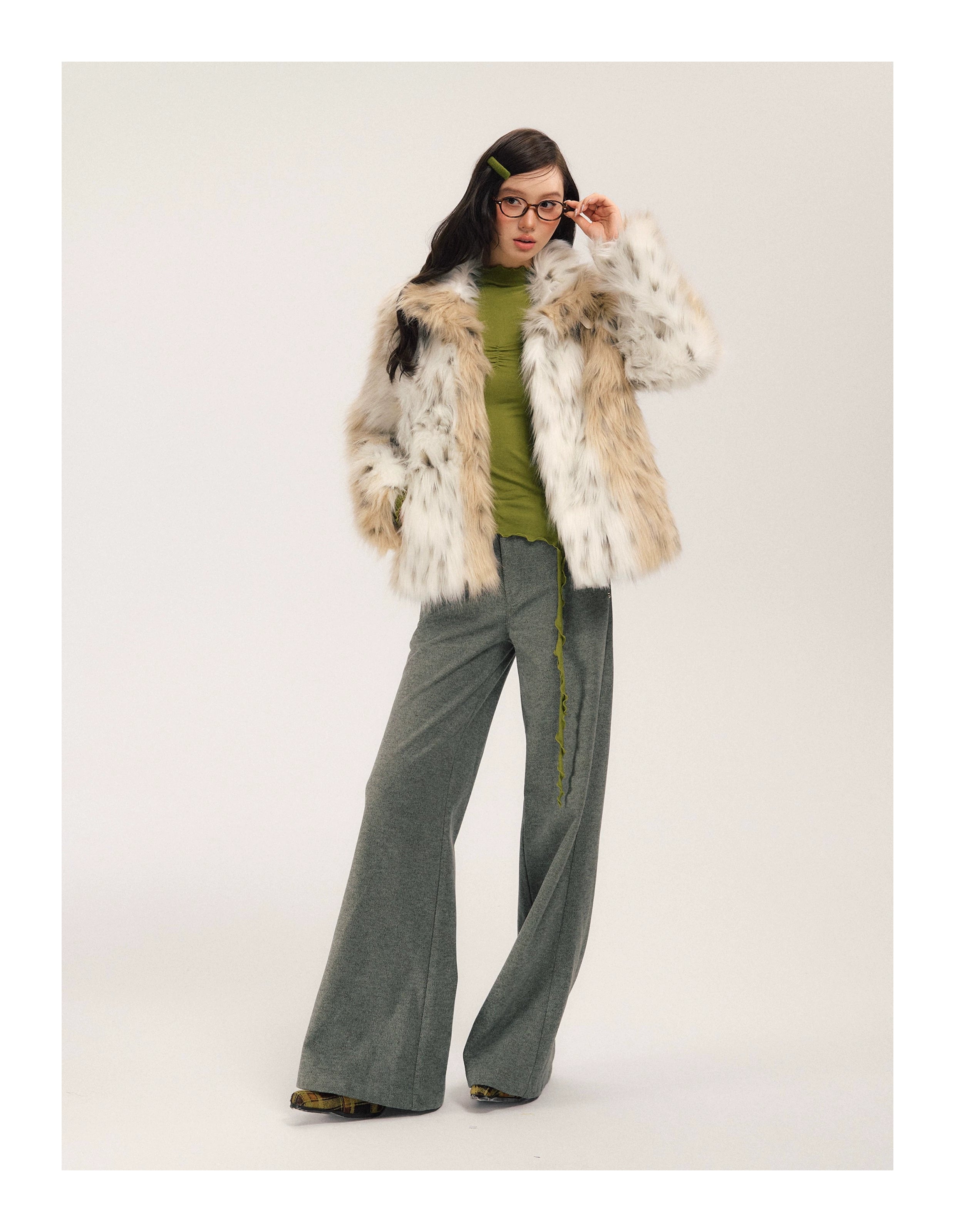 SASSY MOODY Color Matching Leopard Print Warm Thickened Environmentally Friendly Fur Jacket