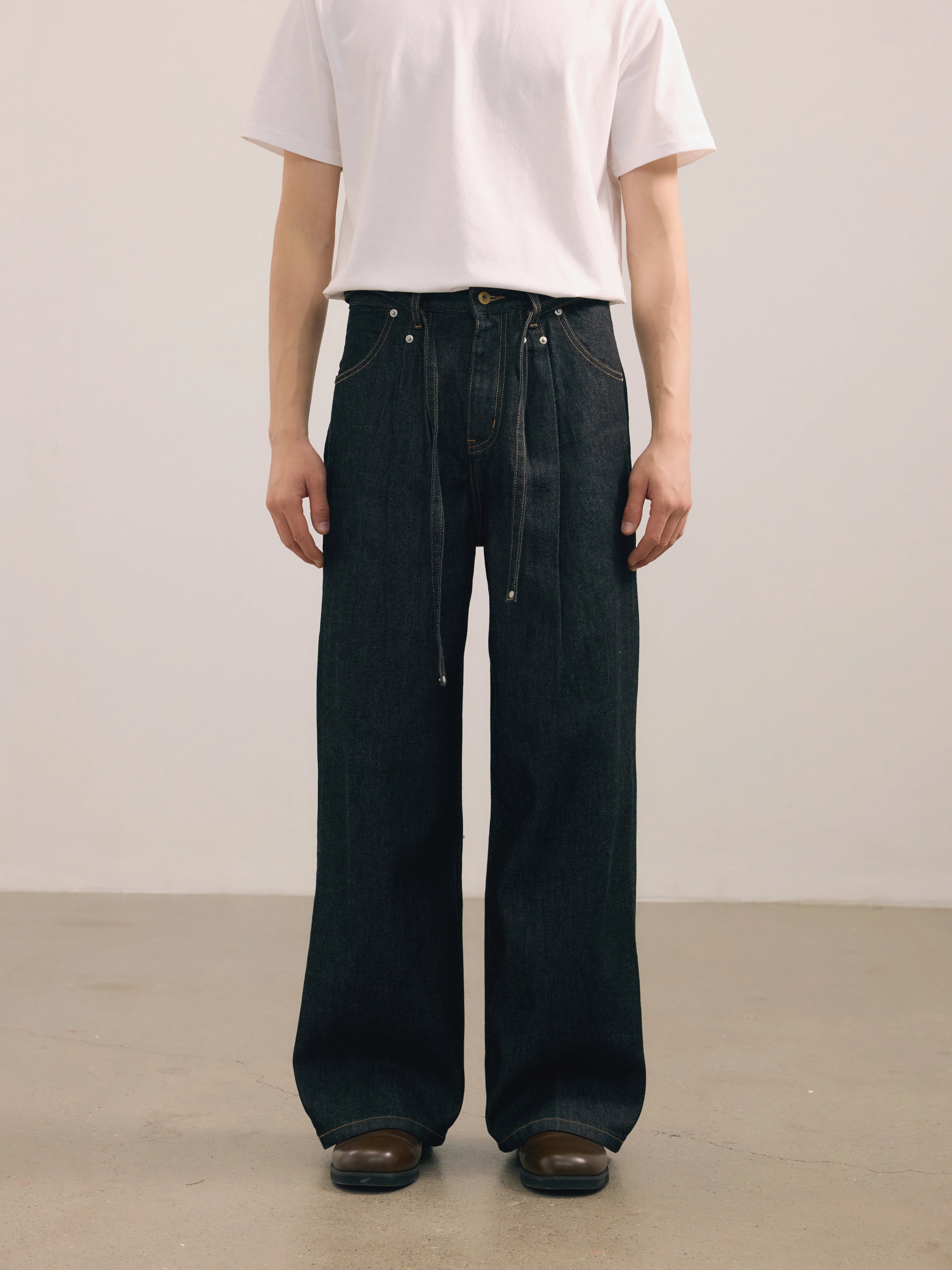 NO LOGO Kanglong Black Feather Kendo Double Pleat A-Line Loose Straight Jeans