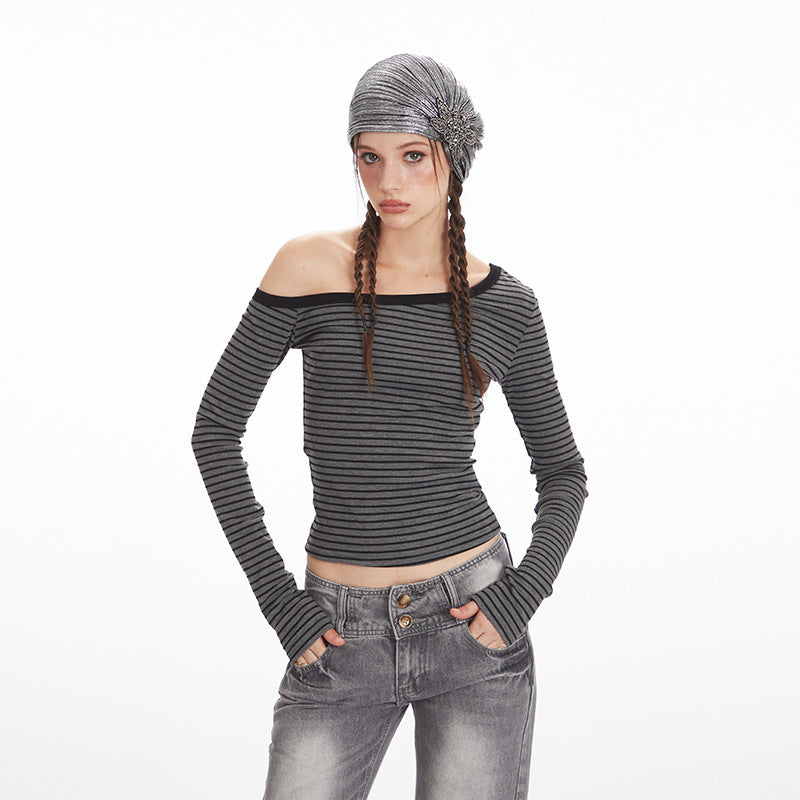 Nariele Striped Slant Neck Slim Off-Shoulder Long Sleeves