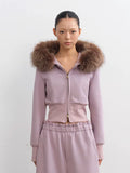 LINY LIBERTY Detachable Fur Collar Cropped Sweatshirt and Sweatpants Set