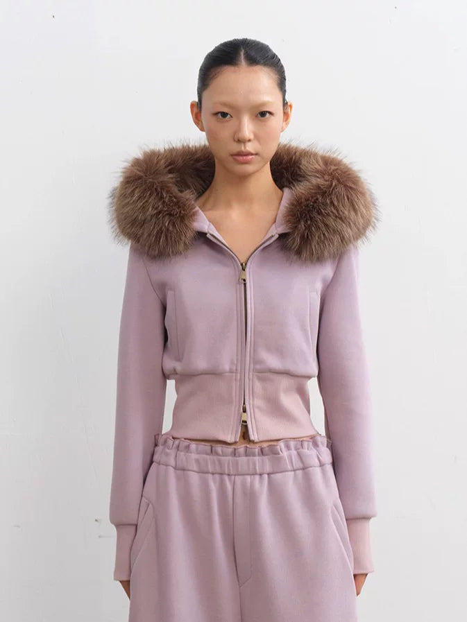 LINY LIBERTY Detachable Fur Collar Cropped Sweatshirt and Sweatpants Set