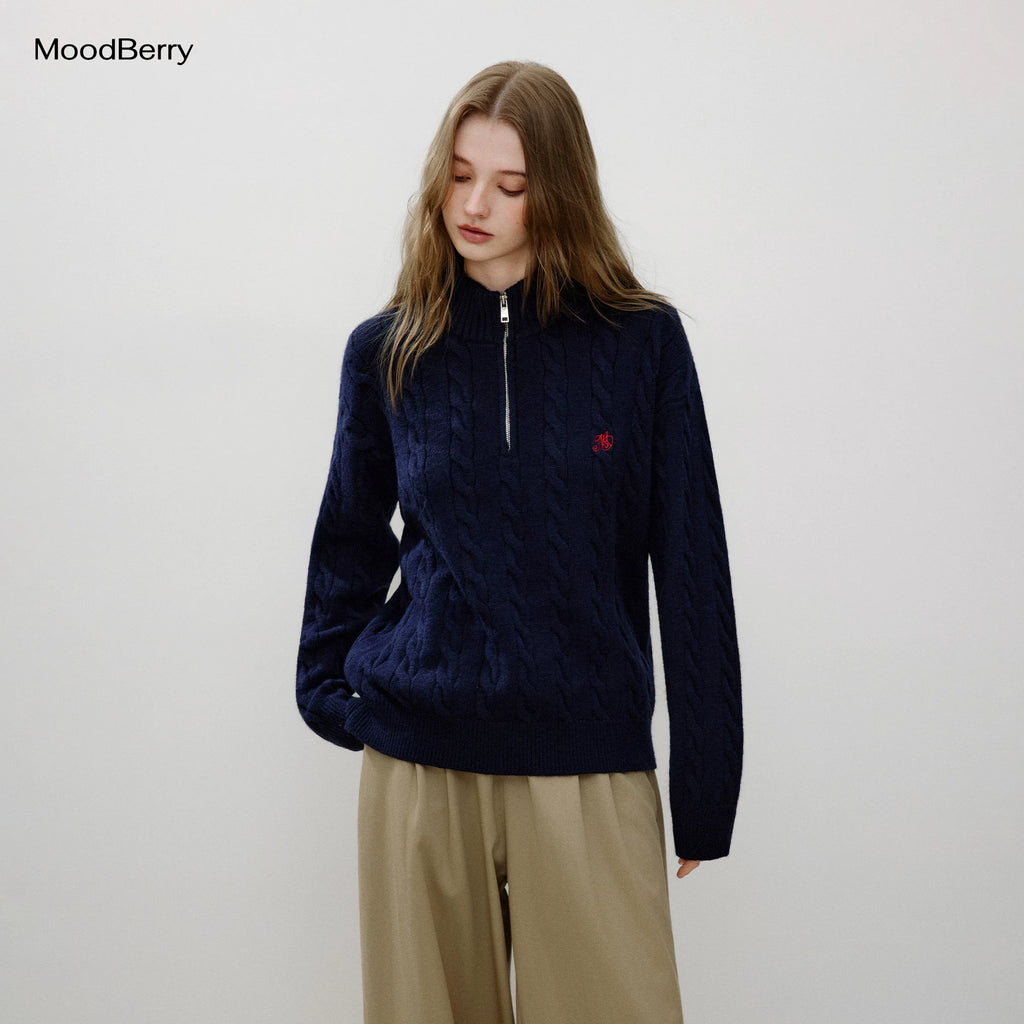 MoodBerry Half-Zip Cable Knit Sweater