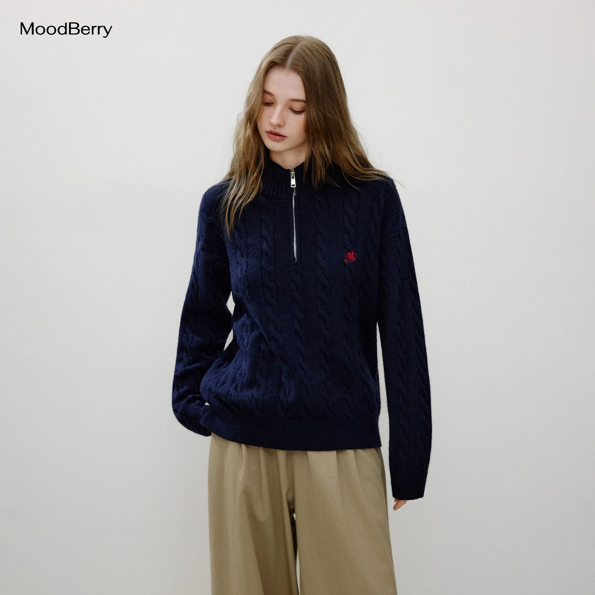 MoodBerry Half-Zip Cable Knit Sweater