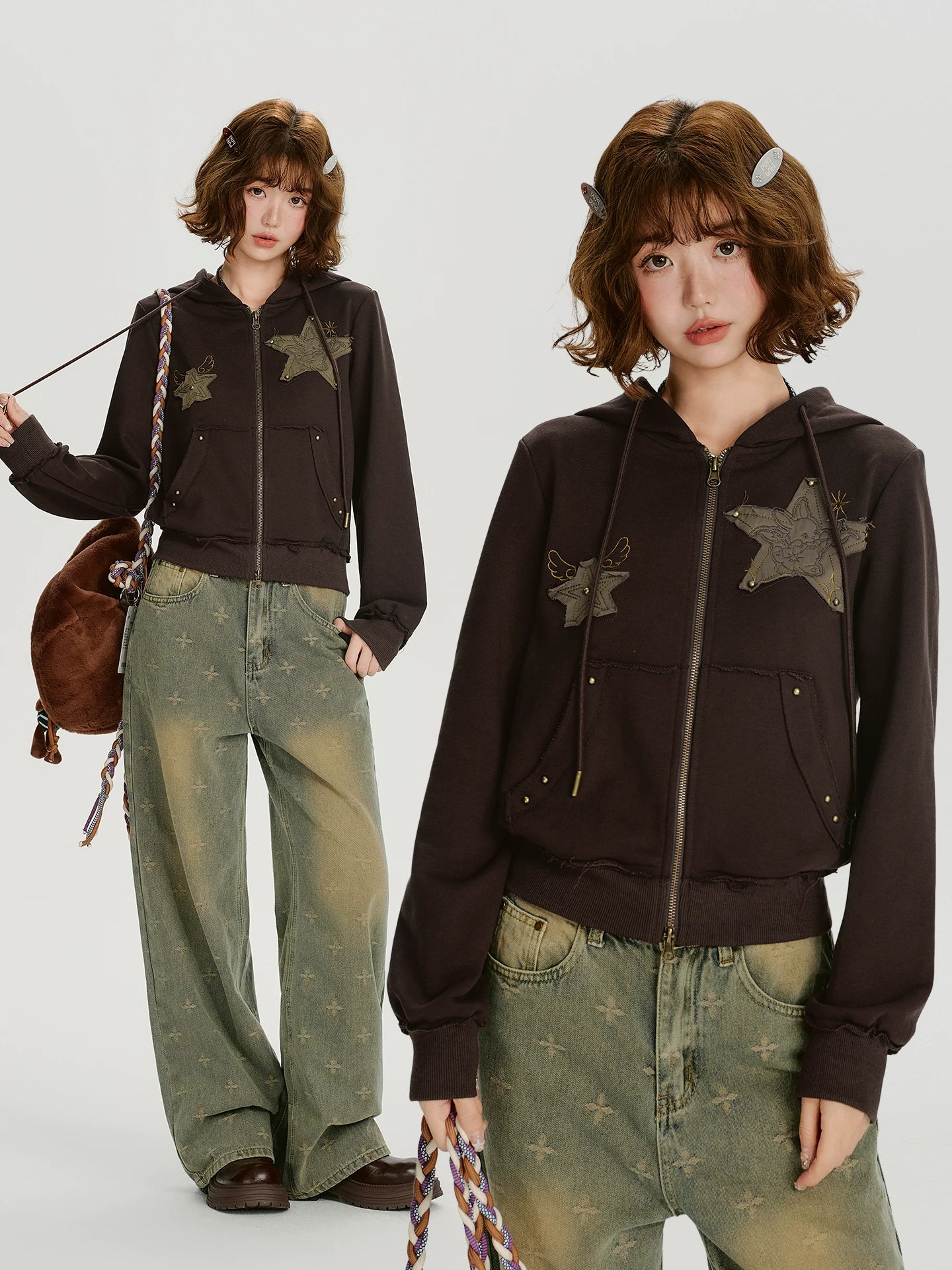 Girlyhalo Vintage Patch Embroidered Hooded Sweater Jacket