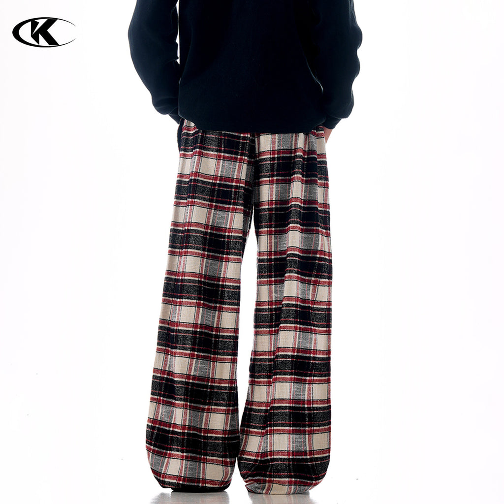 11KN Color-blocked Red Checkered Drawstring Straight-leg Slacks