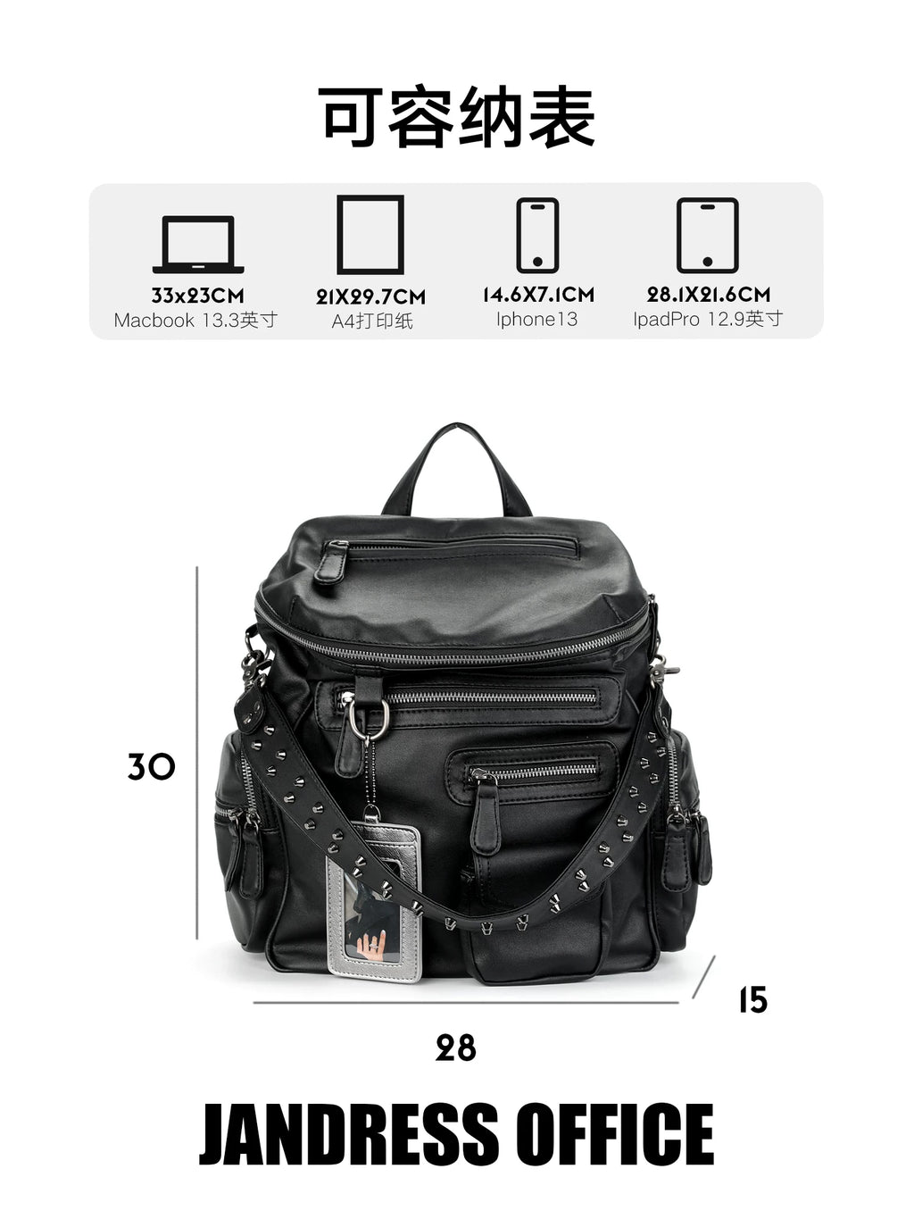 JANDRESS Black Faux Leather Multi-Pocket Zip Backpack