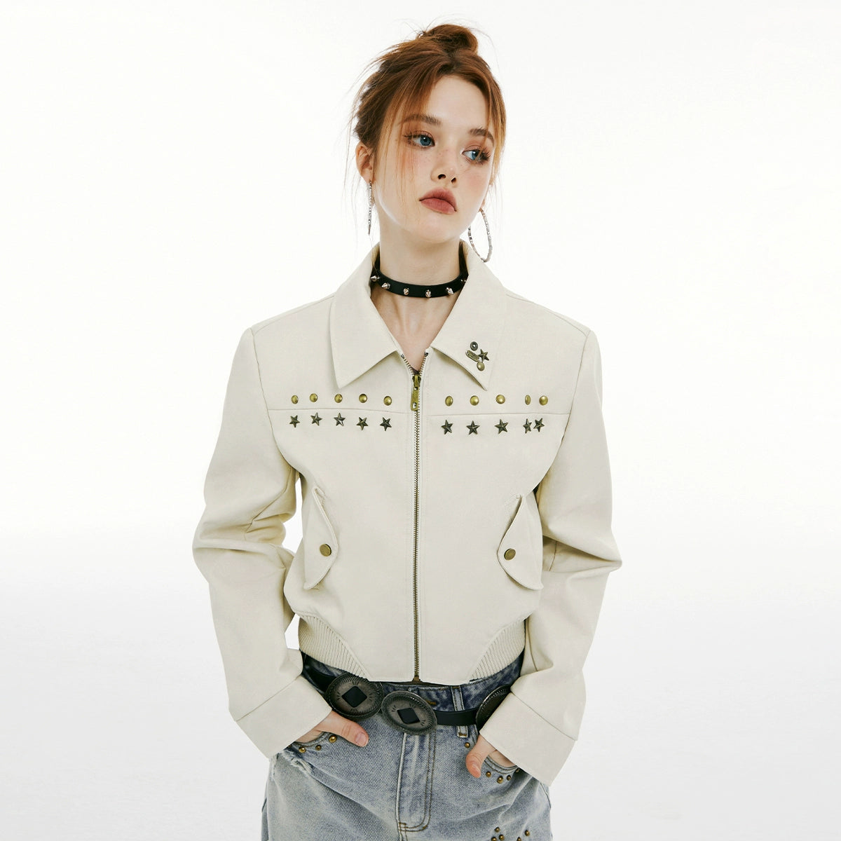 IMONE Vintage Rivet Short Leather Jacket