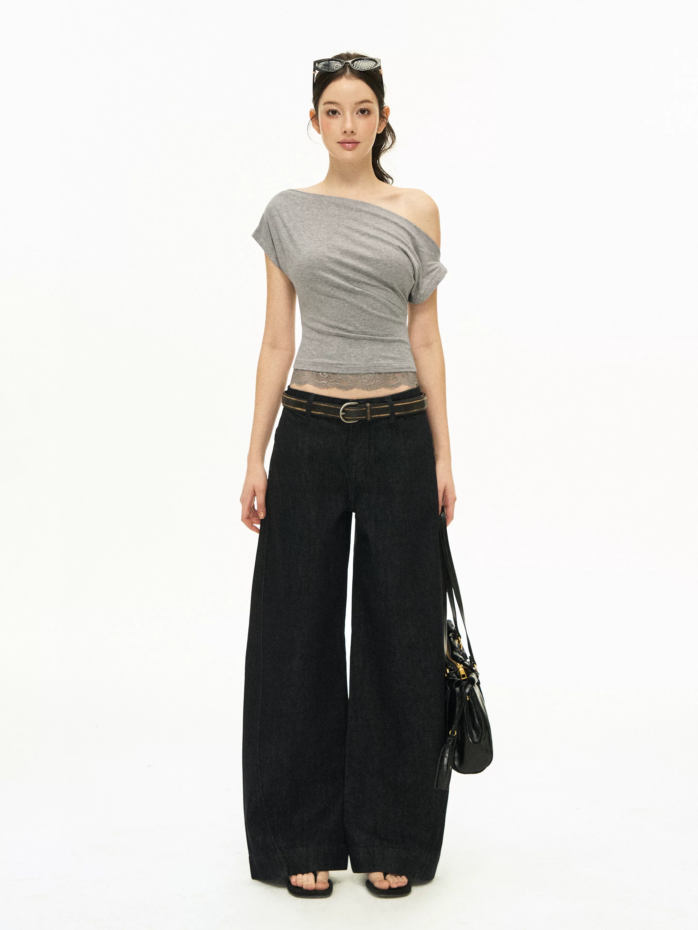 ARISEISM Black Curved-Seam High-Waist Wide-Leg Jeans