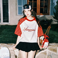 Lemanism Stripe Contrast Shoulder Letter Casual Tee