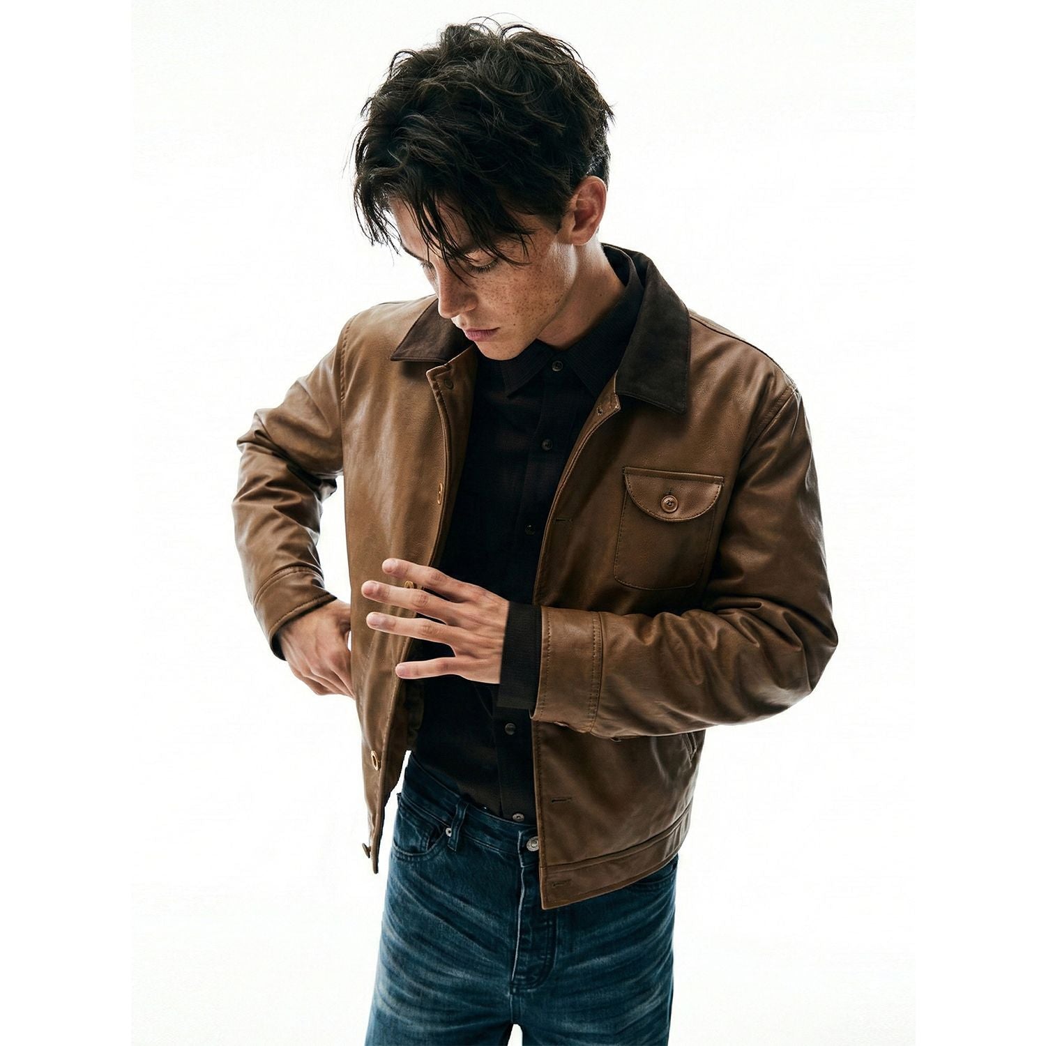 MADEEXTREME Vintage Leather Jacket Lapel Color Matching Irregular Jacket