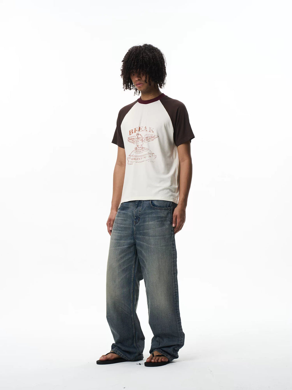 EXITMODE 26SS American Retro Letter Print Contrast Raglan Sleeve T-Shirt
