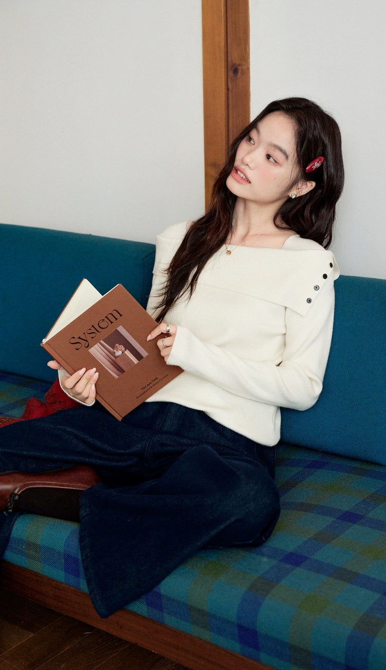 Kuose One-word Shoulder Thin Long-sleeved Knitted Sweater