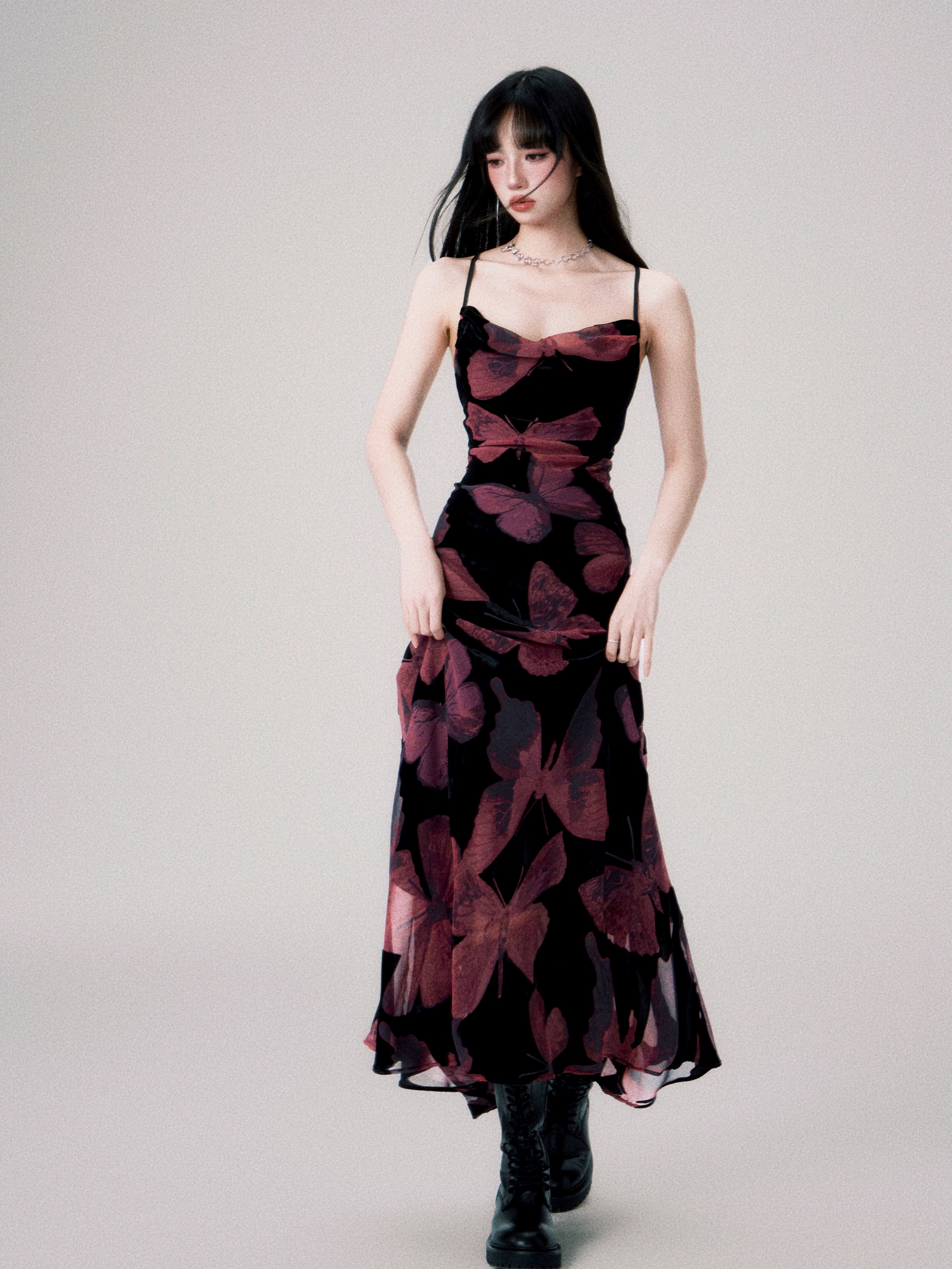 LULUSWINGS New Chinese Velvet Butterfly Swing Neck Halter Strap Suspender Skirt