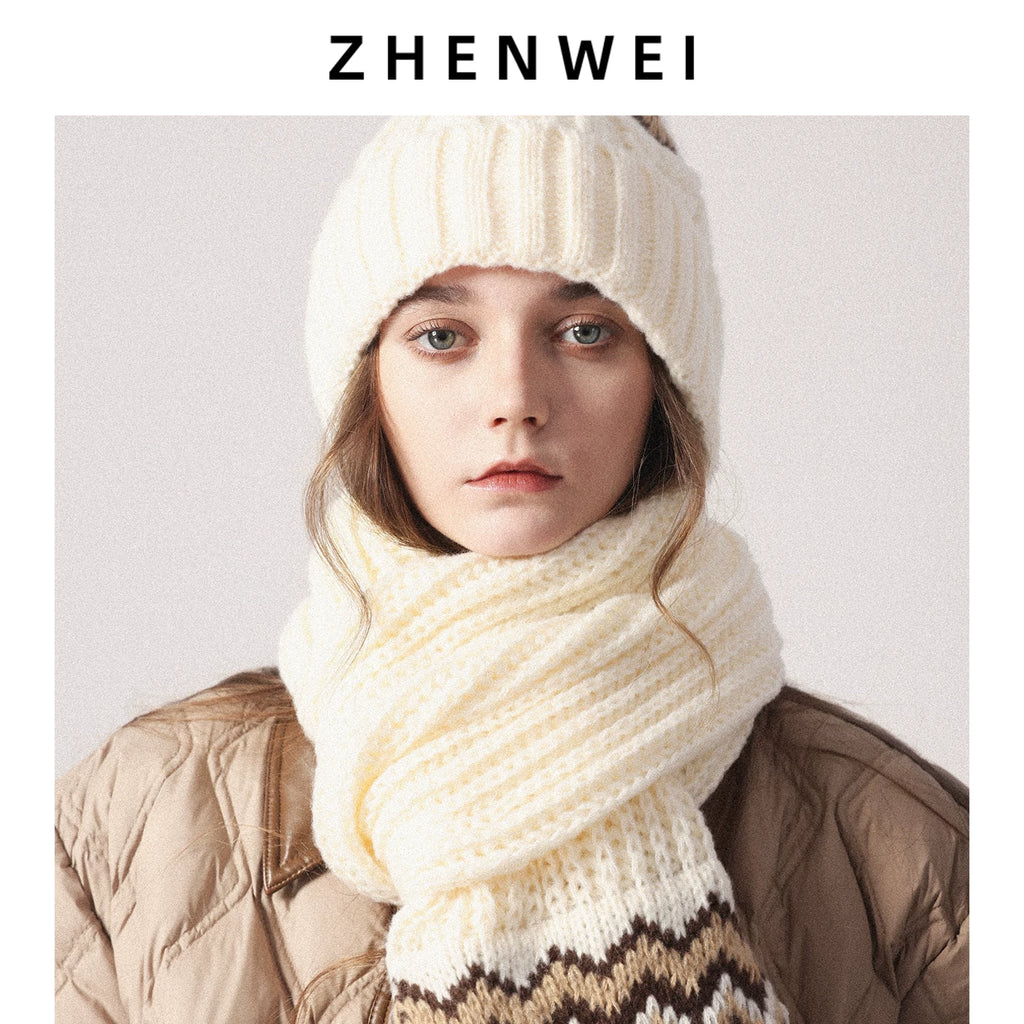 ZHENWEI Knitted Jacquard Thermal Suit Hat Scarf
