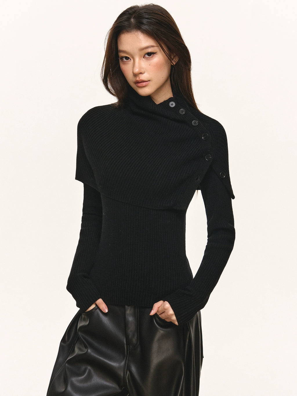 Anna Aneae Pullover High Neck Removable Shawl Bottom Long Sleeve