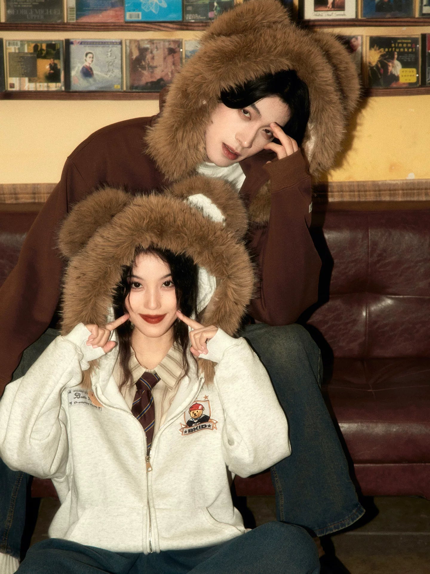 ALOHA Removable Fur Collar Bear-eared Hooded Fleece Sweater