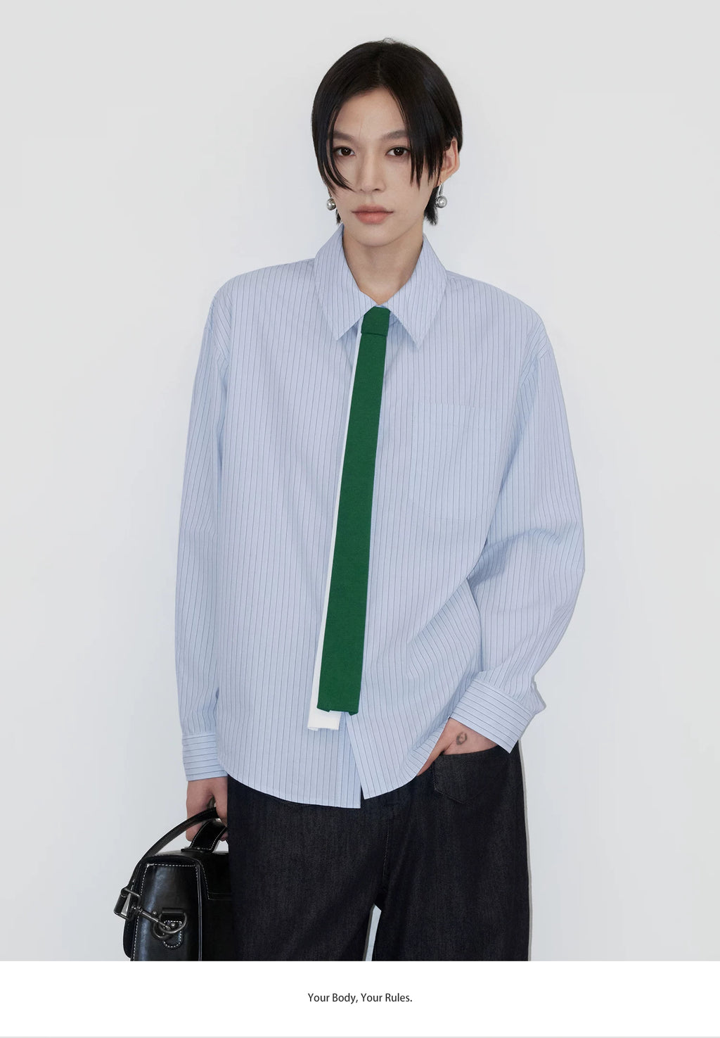 Sameuoo Removable Fake Tie Striped Long Sleeve Shirt