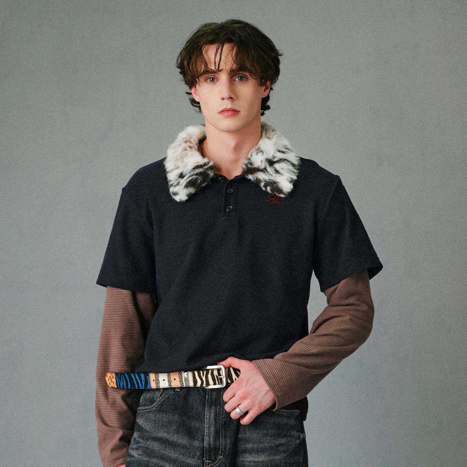 Azure Lisseur Retro Patchwork Knit Polo Shirt