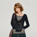 Girlyhalo Striped Draped Neck Fitted Long-Sleeve Tee