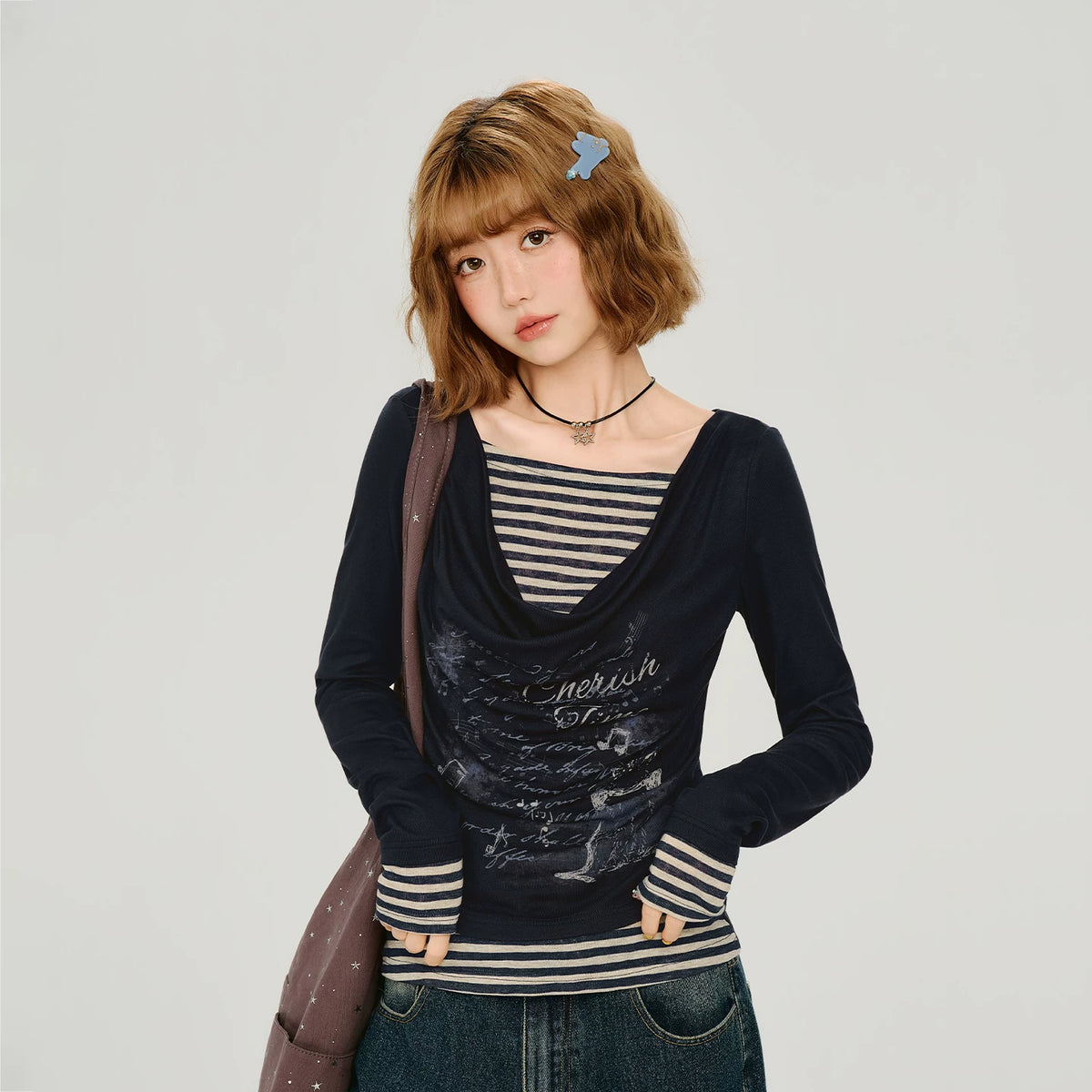 Girlyhalo Striped Draped Neck Fitted Long-Sleeve Tee