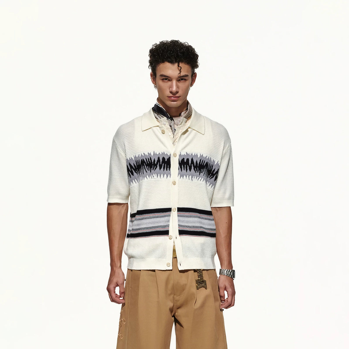 OPENFLY Merino Wool Waffle Knit Polo Collar Cardigan