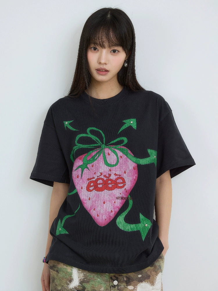 EeeeArtmonster Hand Painted Strawberry Rivet Tee