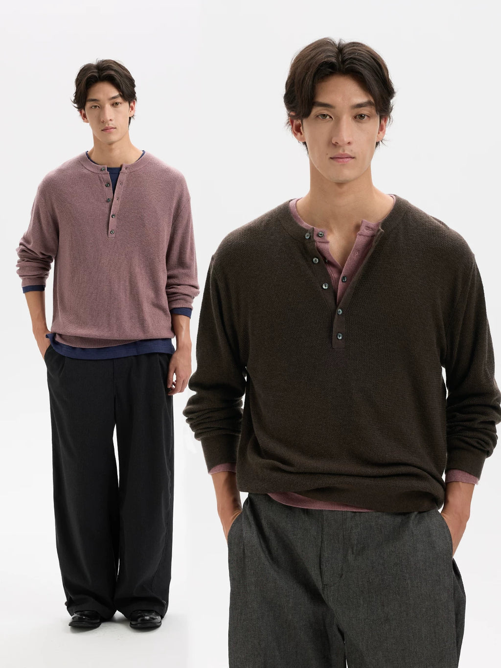 BUTTBILL Henley Shell-Button Loose Knit Sweater