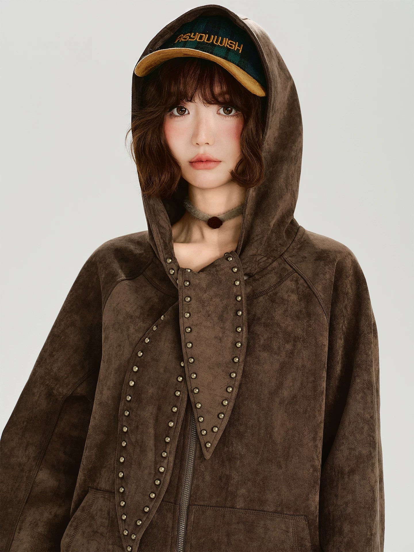 Girlyhalo Vintage Loose Suede Hooded Jacket
