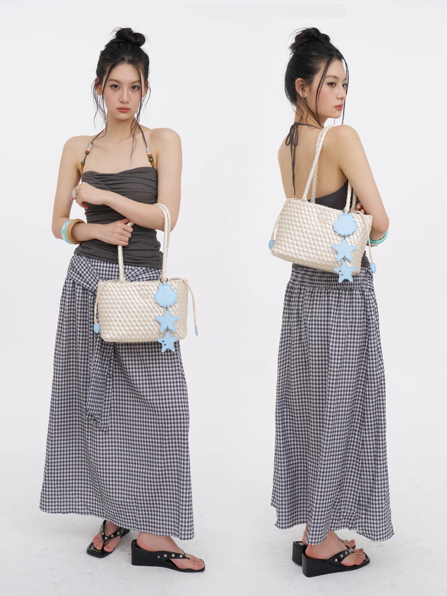 JANDRESS Pearl White Woven Polka Dot Top-Handle Bag