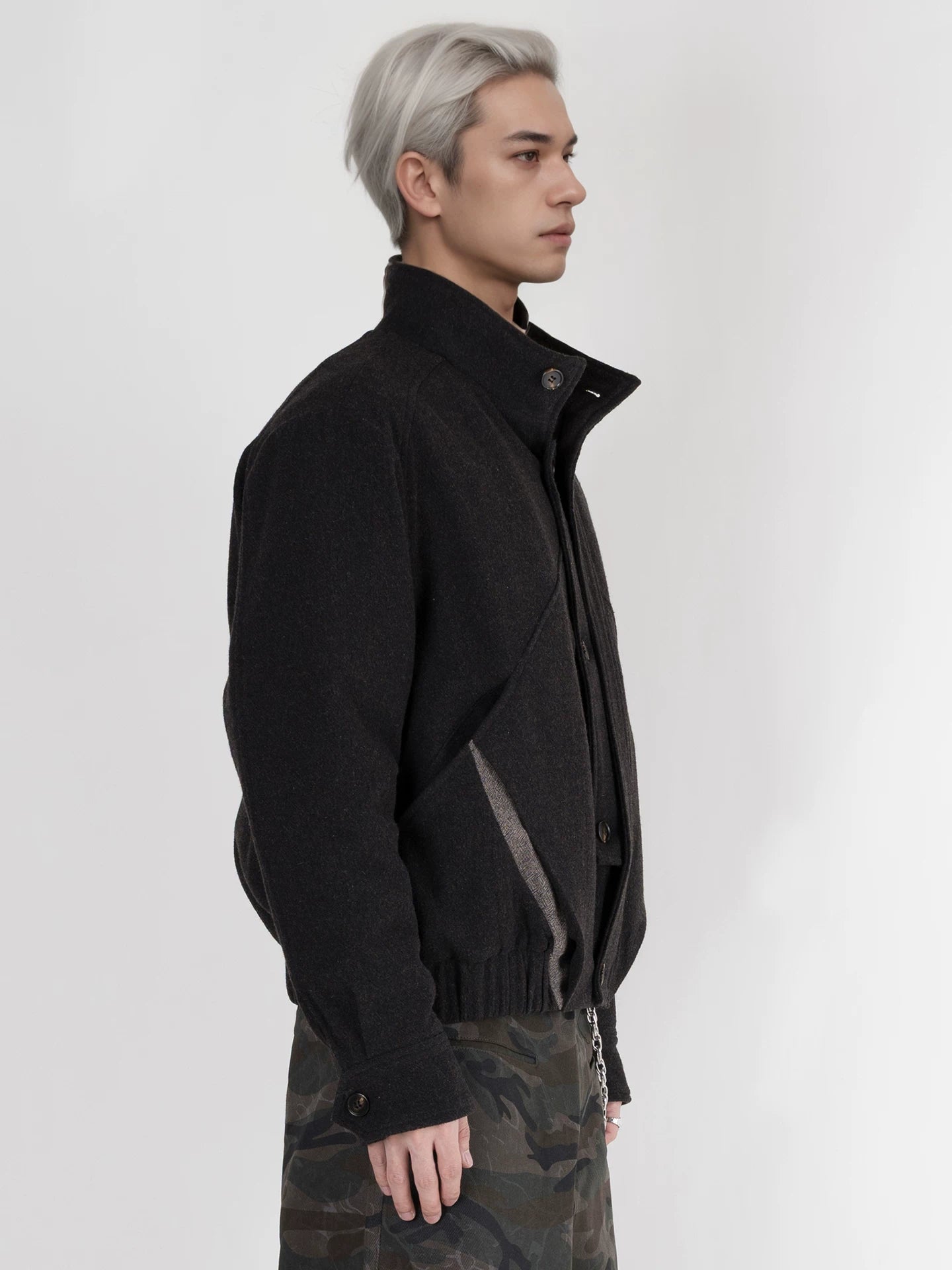 PERDU Double Placket Deconstruction Wool Splicing Stand-up Collar Color Matching Cotton Clothes