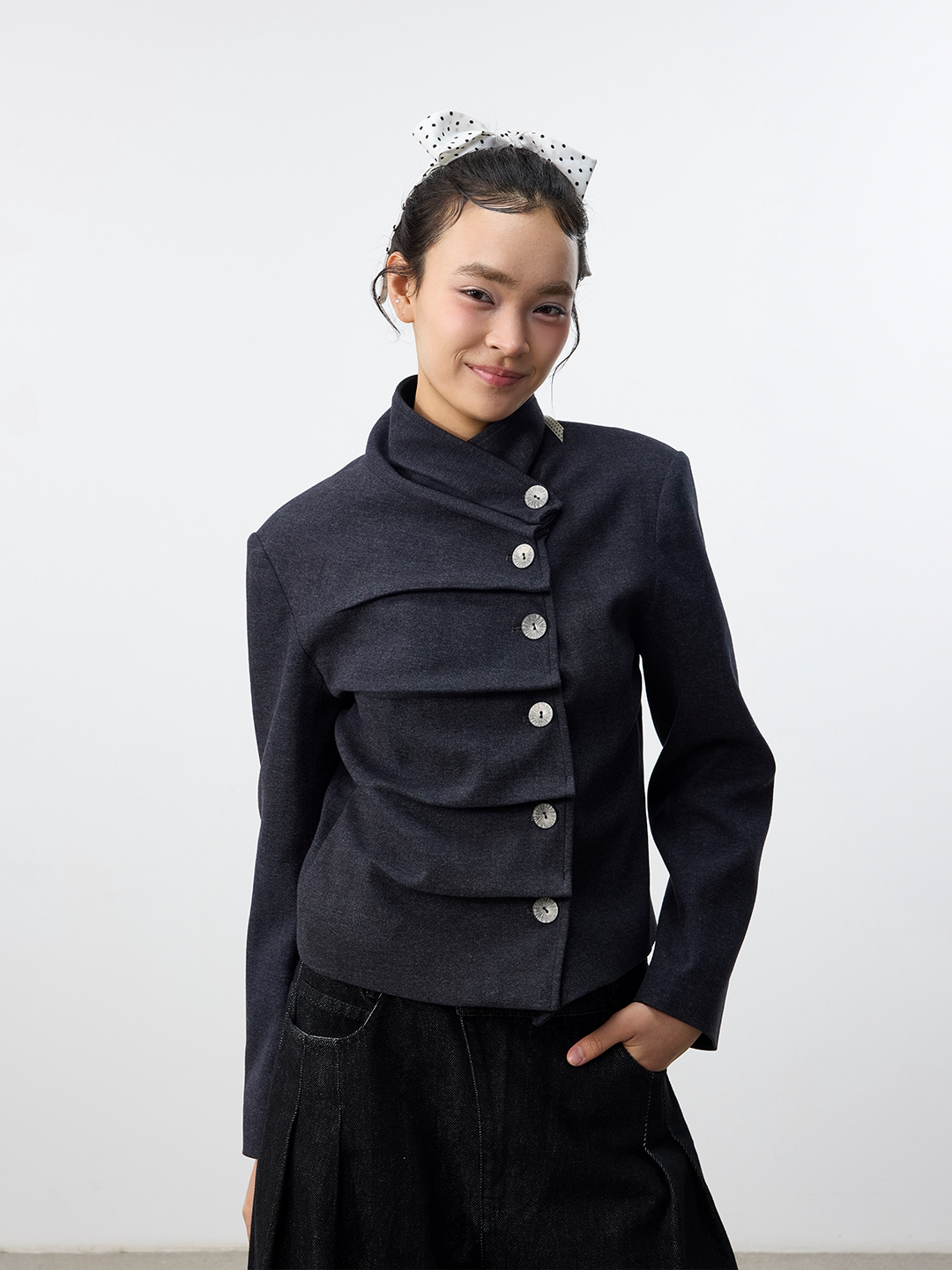 Set for Life Three-dimensional Pinch Pleated Oblique Placket Slim Short Jacket