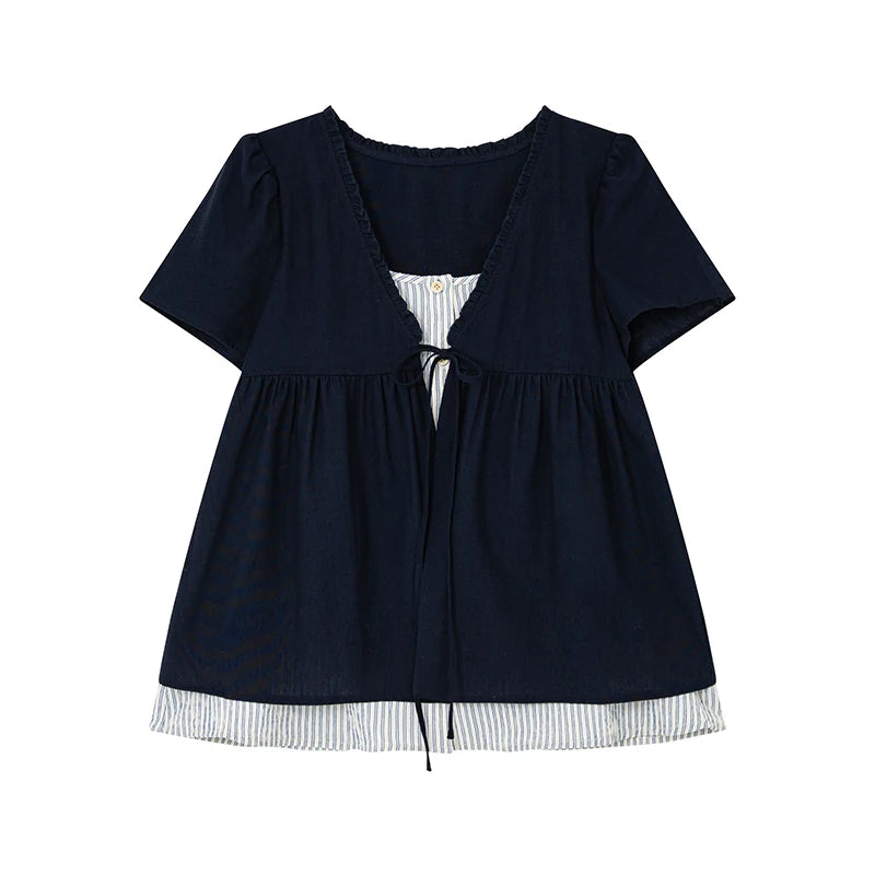 KANO Faux Two-Piece Tie-Front Ruffle Top
