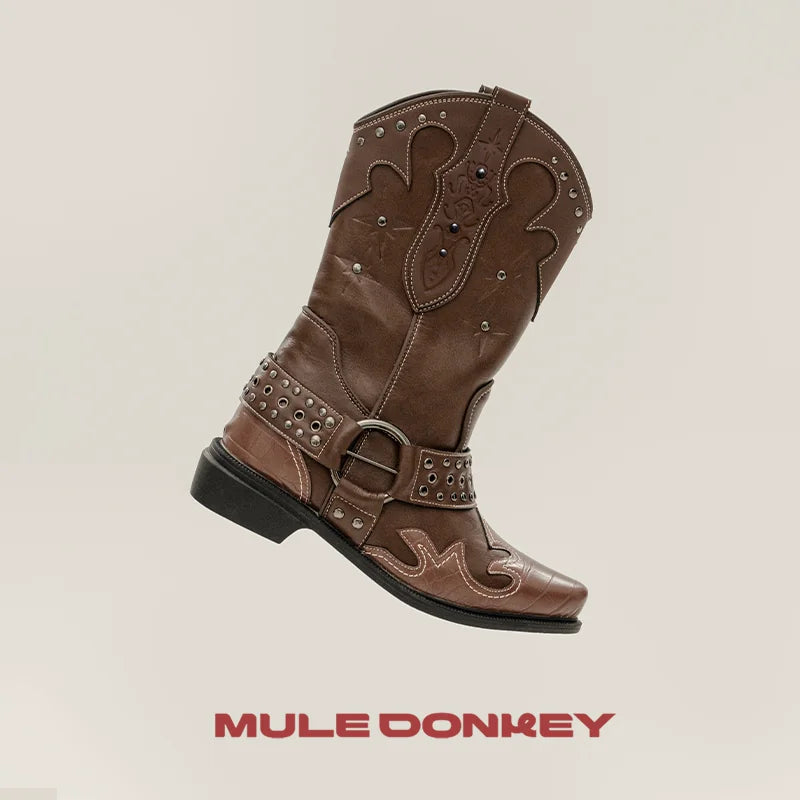 Mule Donkey Vintage Rivet V-Cut Pointed Toe Chunky Heel Mid-Calf Boot