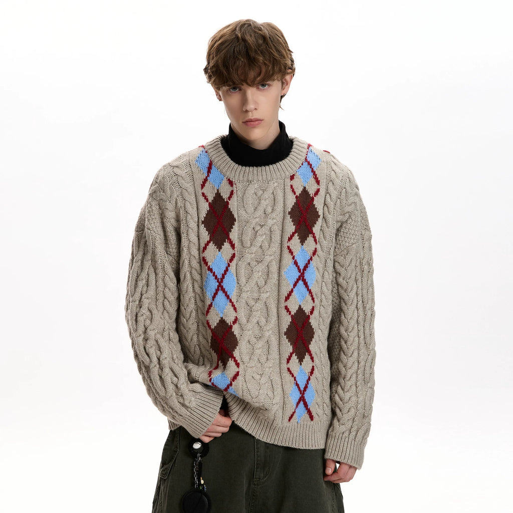 A PUEE Vintage Rhombus Checked Crew Neck Sweater