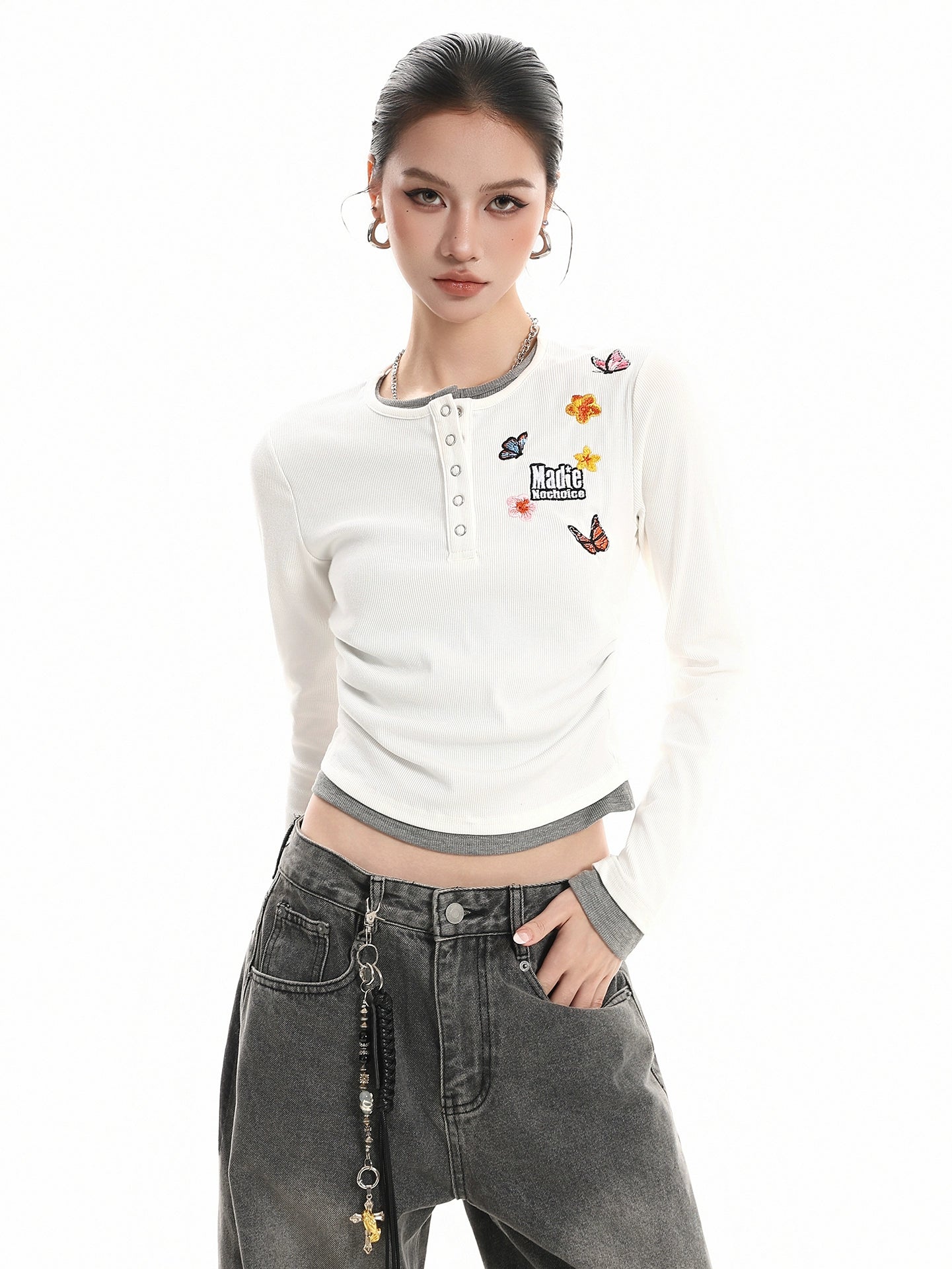 Kenvibe Vintage Alphabet Butterfly Embroidery Fake Two Piece Long Sleeve