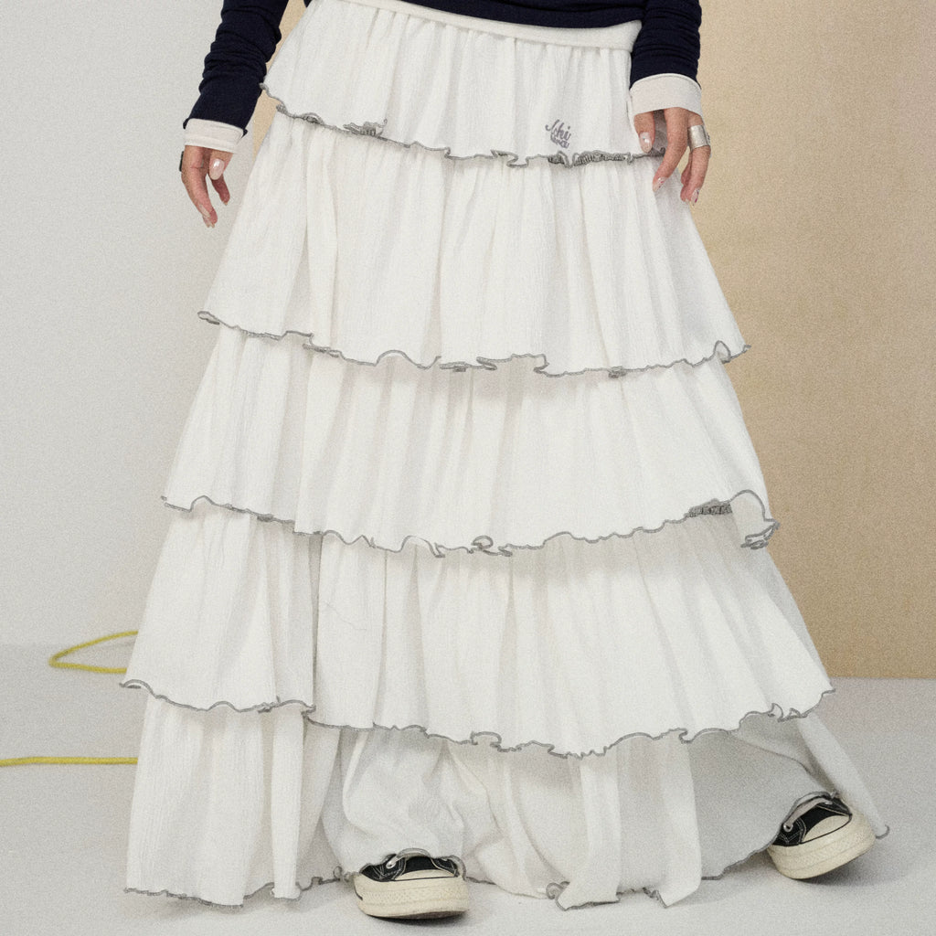 Achihara Breathable Tiered Pleated A-Line Maxi Skirt