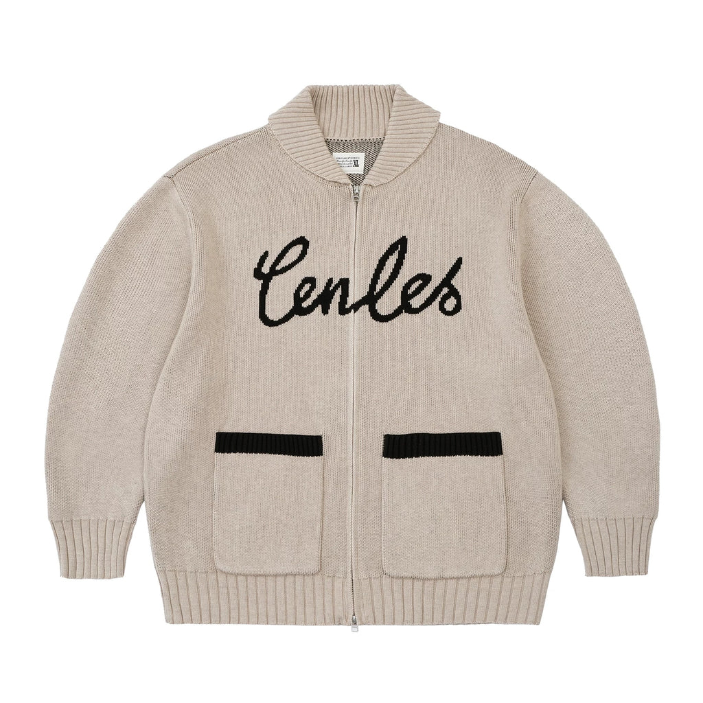 CENLES Wool-Blend Jacquard Knit Cardigan with Lapel