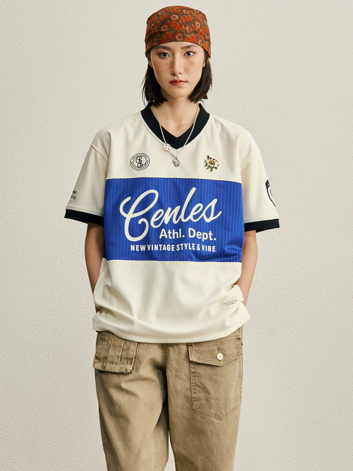 CENLES Color-Block Patchwork 240g Breathable Loose V-Neck Tee