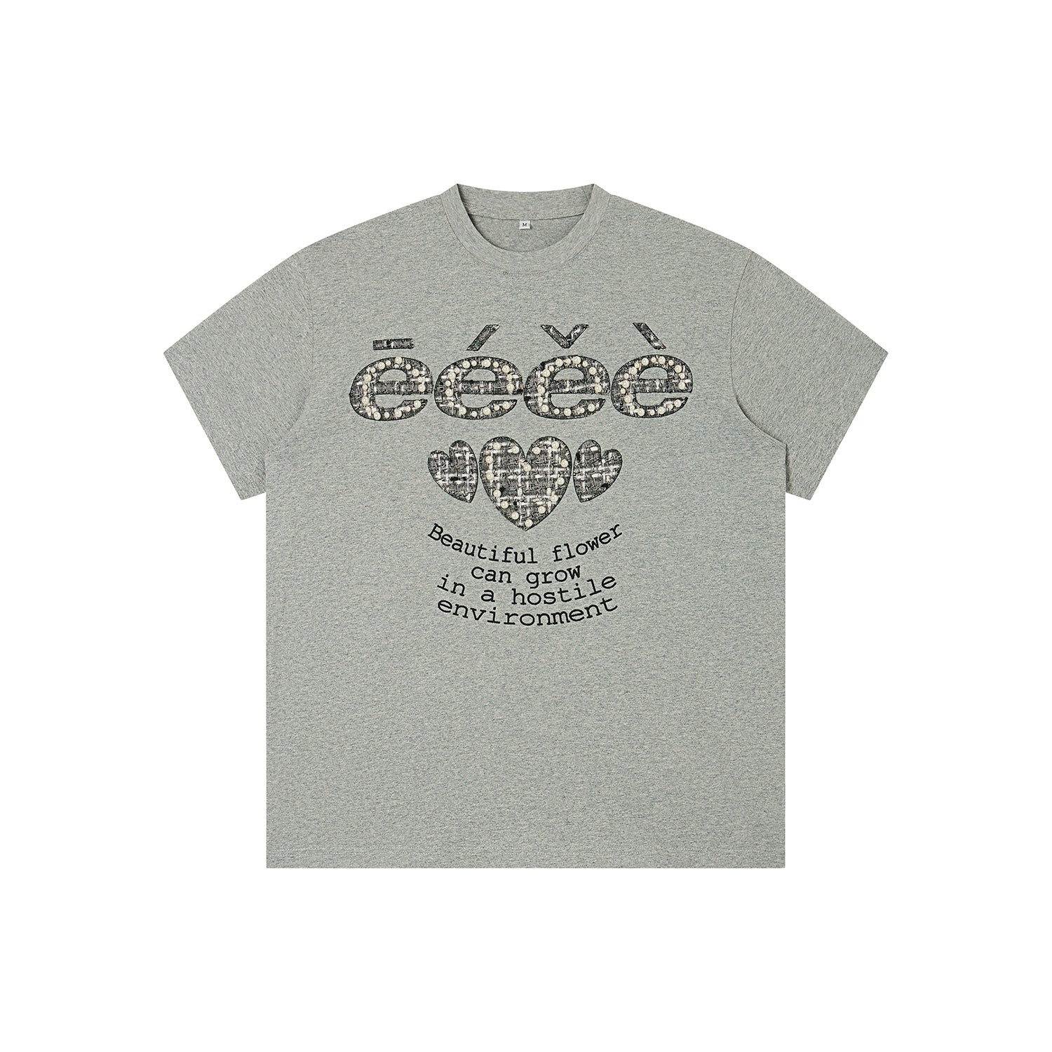 EeeeArtmonster Love Patch Pearl Beads Letter Tee