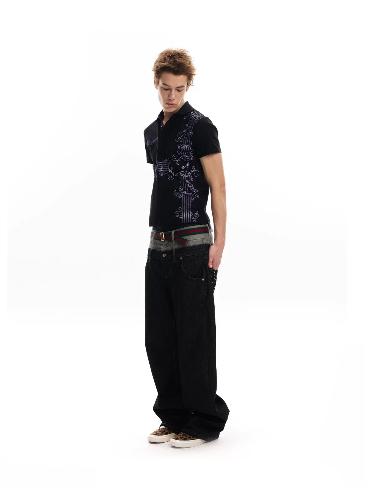No E Mosen Purple Vine Music Note Print Casual Tee