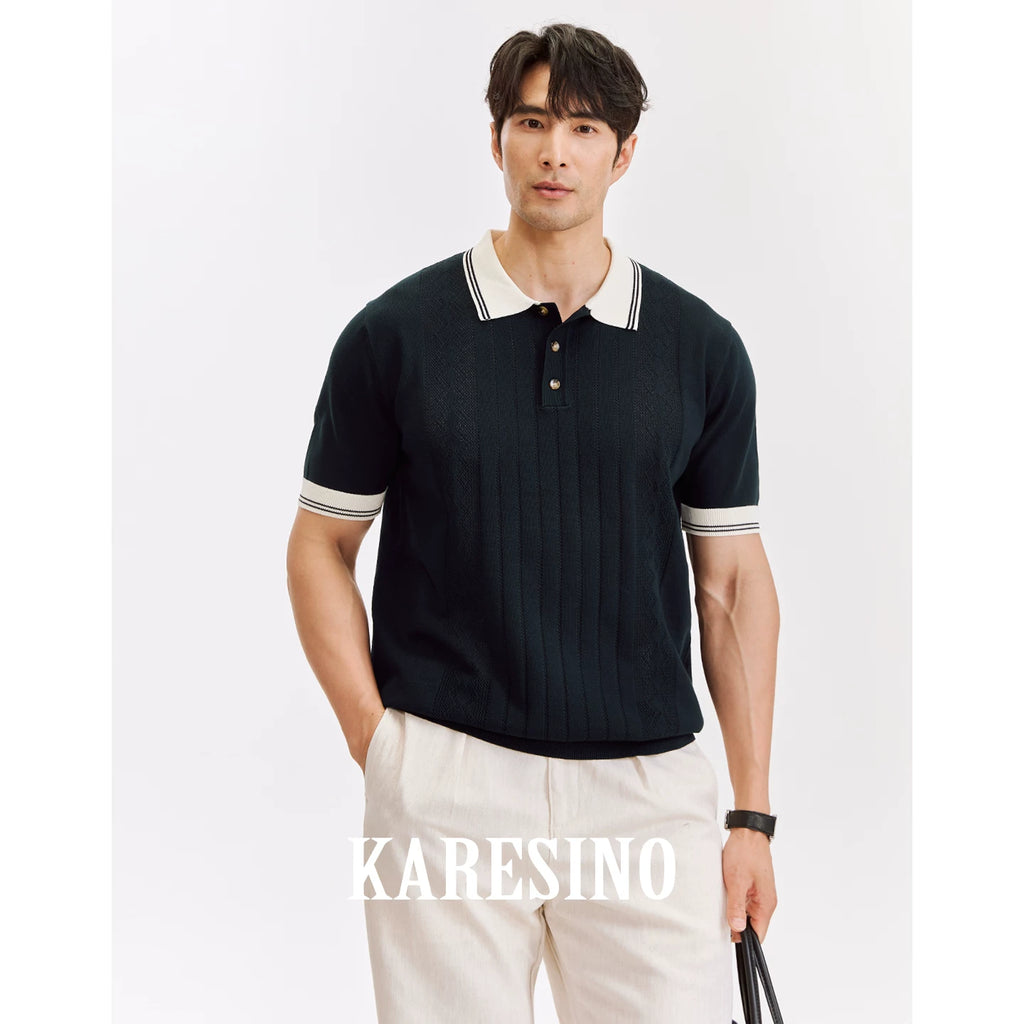 KARESINO Striped Cool-Touch Knit Polo Shirt