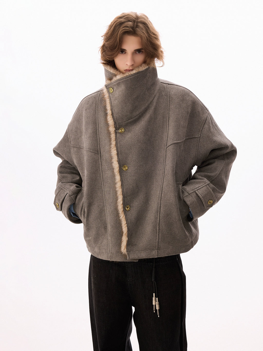 CHOR | 320g Faux Suede Bomber Jacket with Faux Fur Collar
