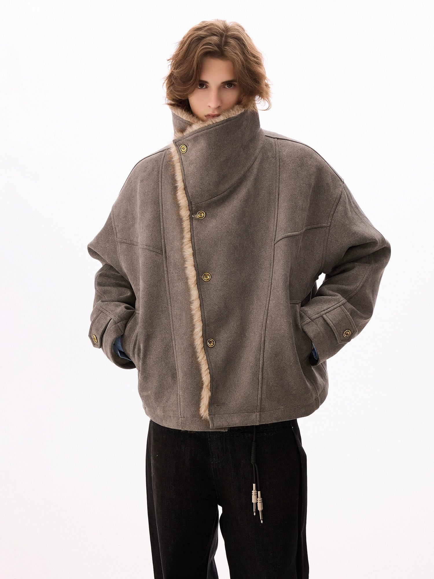 CHOR | 320g Faux Suede Bomber Jacket with Faux Fur Collar