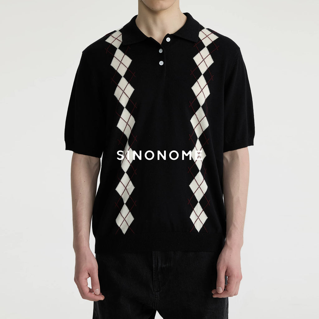 SINONOME Diamond-Pattern 400g Breathable Cropped Polo Shirt