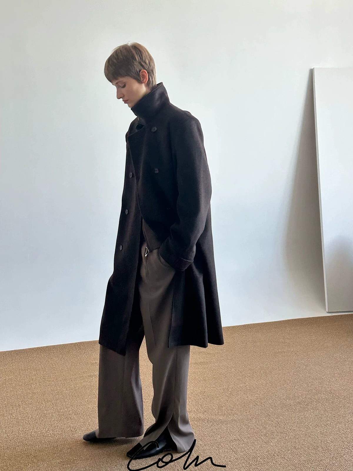 COLN Wool Double-Breasted Stand-Collar Coat