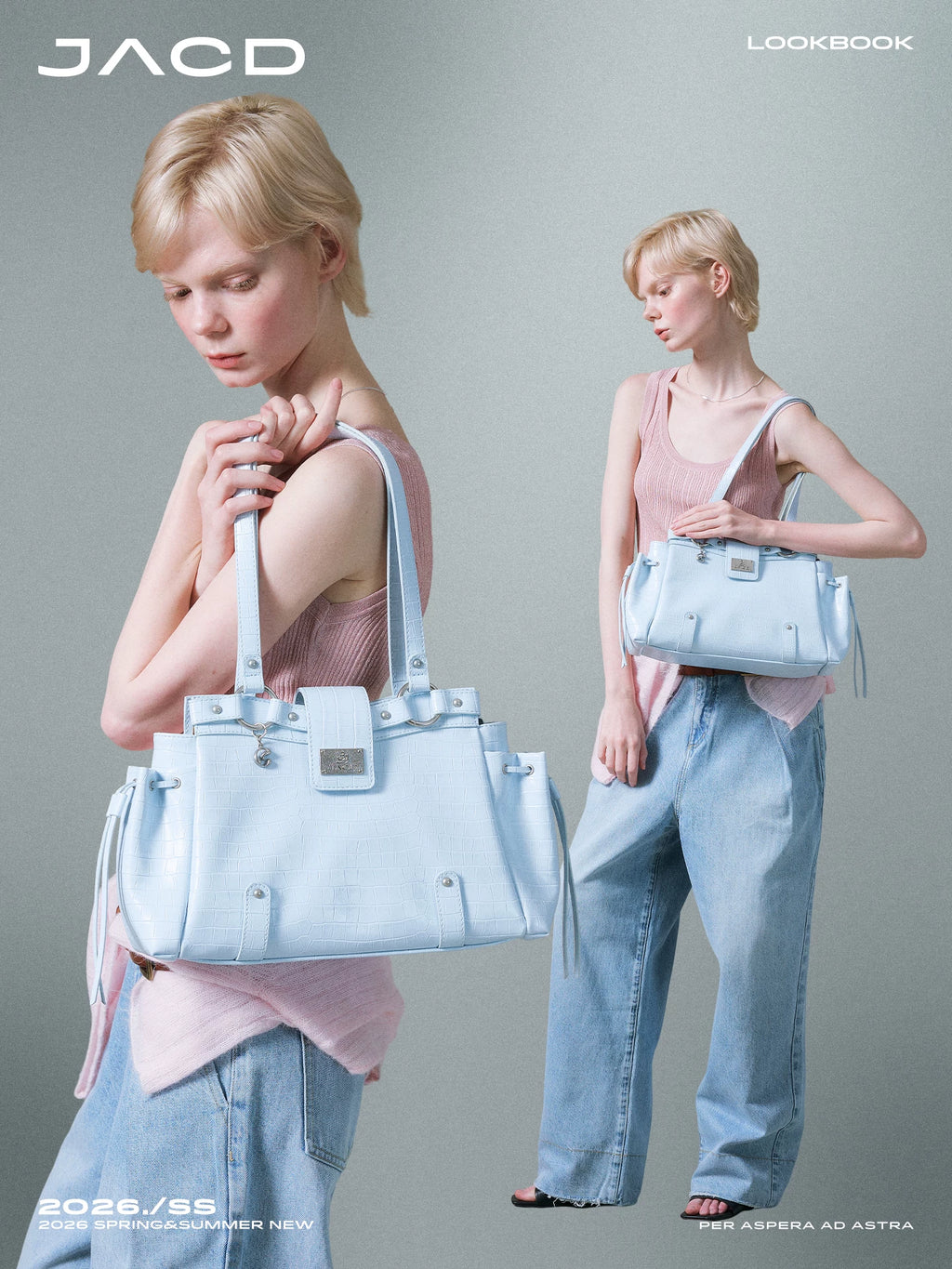 JACD Glacier Blue Faux Leather Croc-Embossed Zip-Top Shoulder Bag