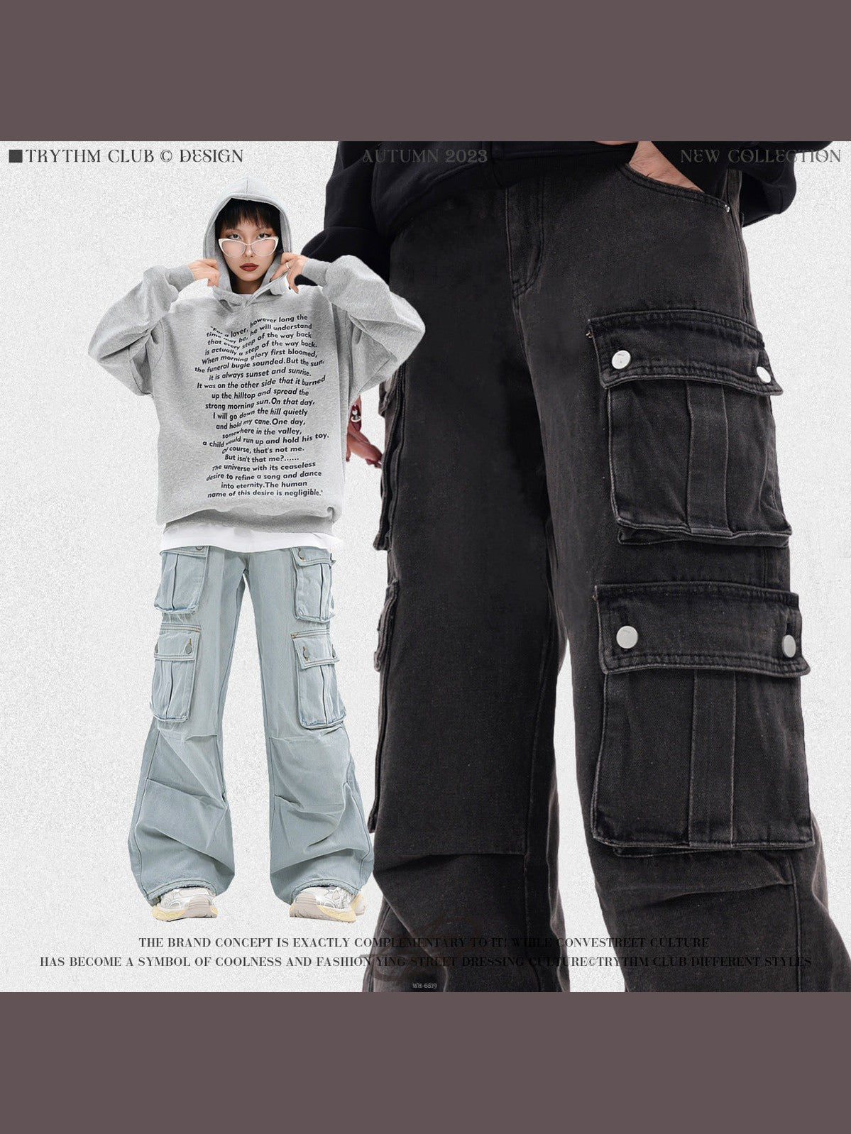 TRYTHMCLUB Vintage Wide Leg Straight Loose Multi-Pocket Jeans