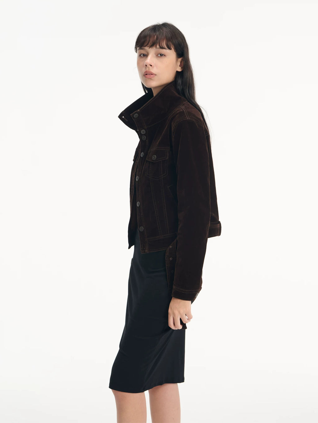 LINY LIBERTY Vintage Velvet-Touch Stand Collar Denim Moto Jacket