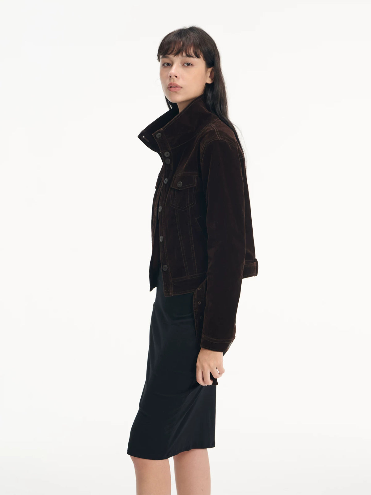 LINY LIBERTY Vintage Velvet-Touch Stand Collar Denim Moto Jacket