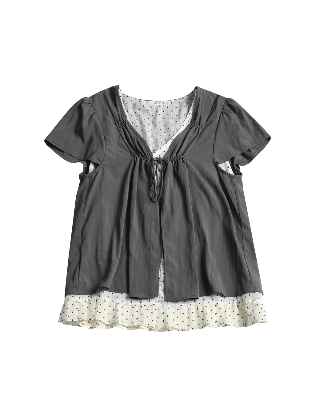 Two days off lab Fake Two-Piece V-Neck Puff Sleeve Breathable Tee